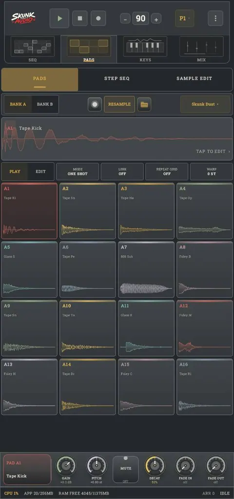 PADS screen in SkunkAudio