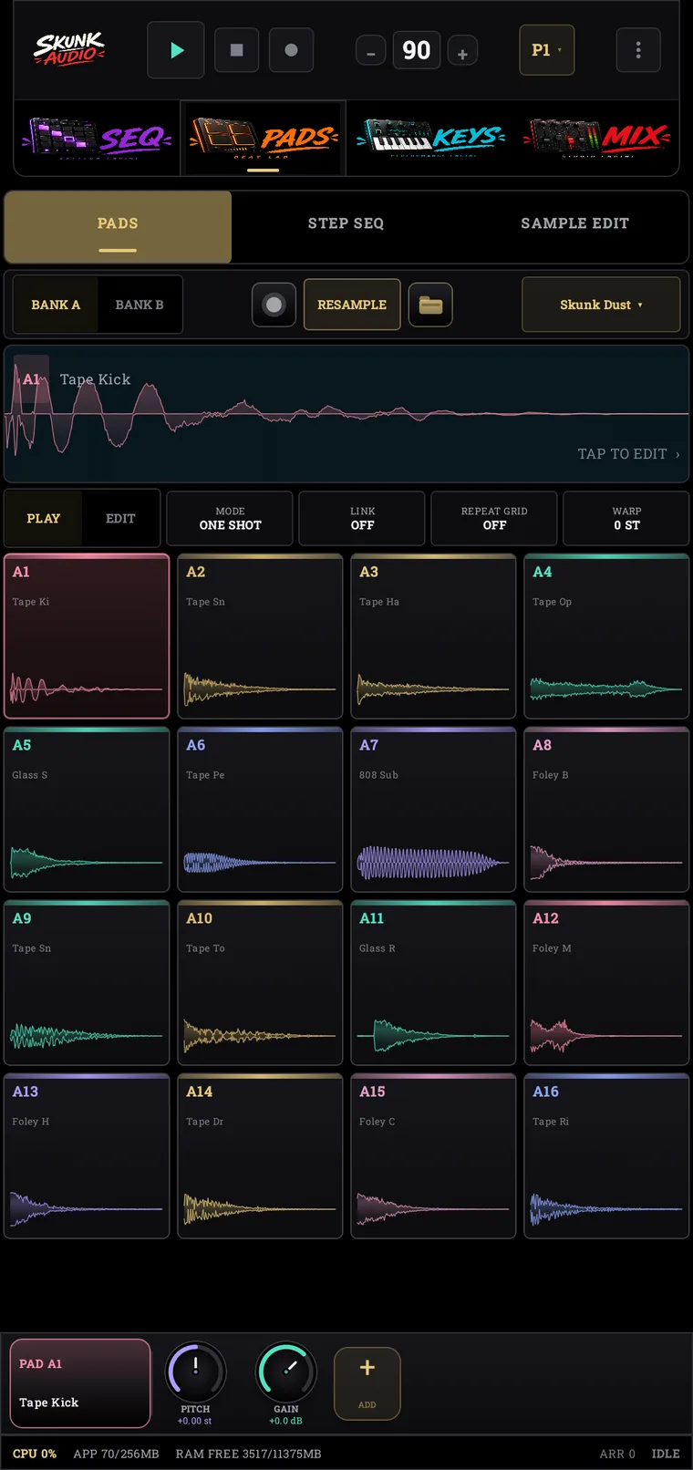 The Skunk Audio pad bank, showing sixteen pads each with its own waveform and colour