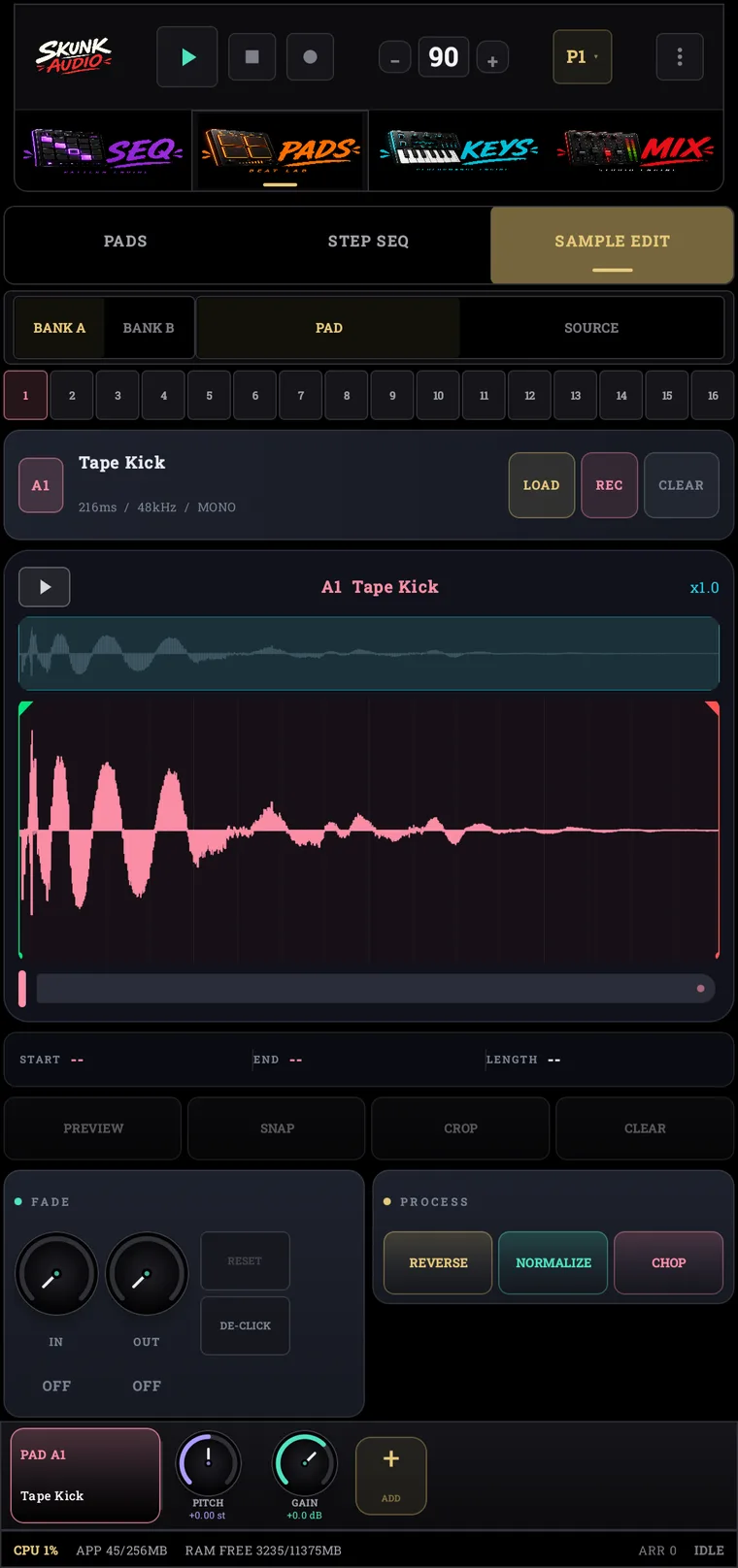 The Skunk Audio sample editor, showing a waveform with start and end markers, fade controls and reverse, normalise and chop buttons