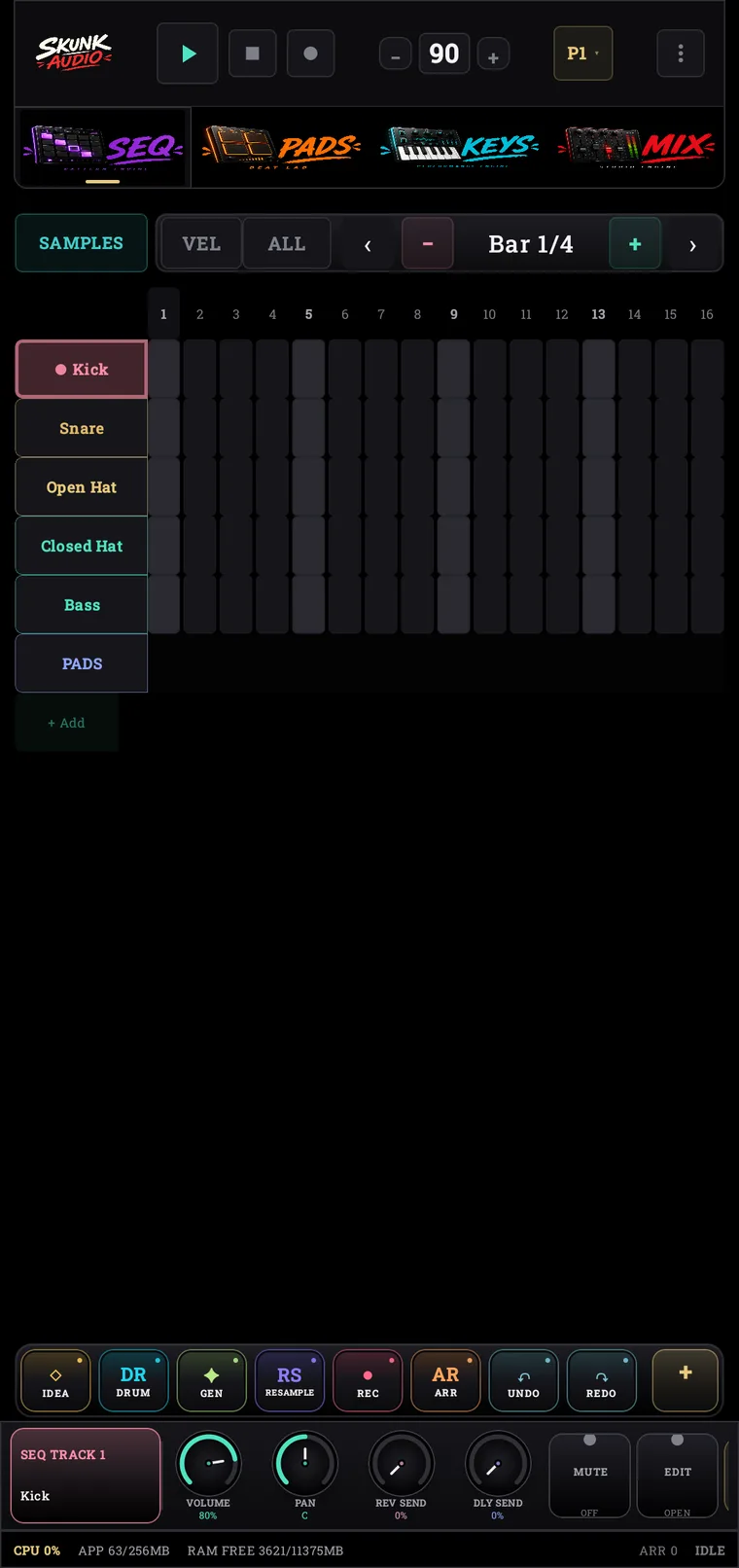 The Skunk Audio pattern sequencer, showing tracks for kick, snare, hats and bass across a sixteen-step grid